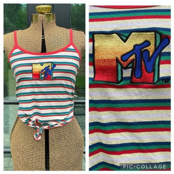 WOMENS VINTAGE MTV STRIPED Y2K BABY TEE TANK TOP SIZE LARGE FRONT TIE - Picture 1 of 11